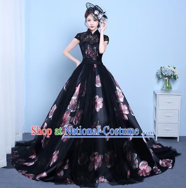 Top Performance Catwalks Costumes Wedding Dress Black Lace Trailing Full Dress for Women