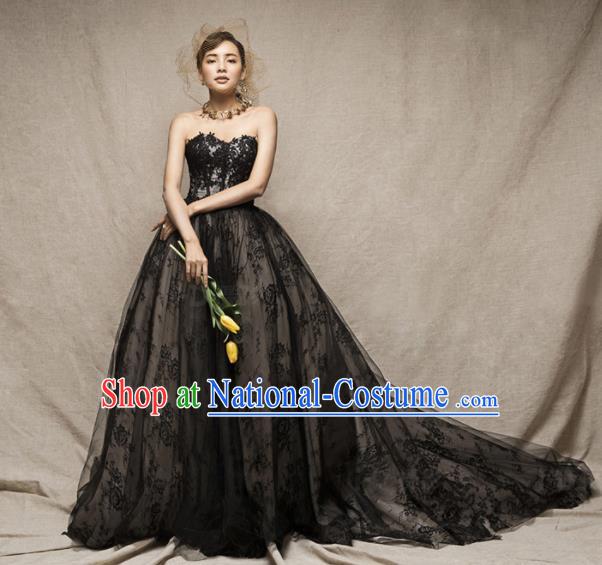 Top Performance Catwalks Costumes Wedding Dress Black Lace Full Dress for Women