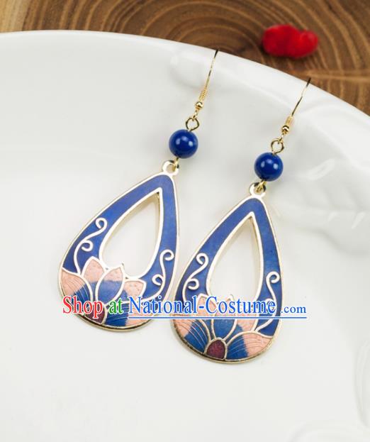 Chinese Traditional Jade Jewelry Accessories Ancient Hanfu Cloisonne Blue Lotus Earrings for Women