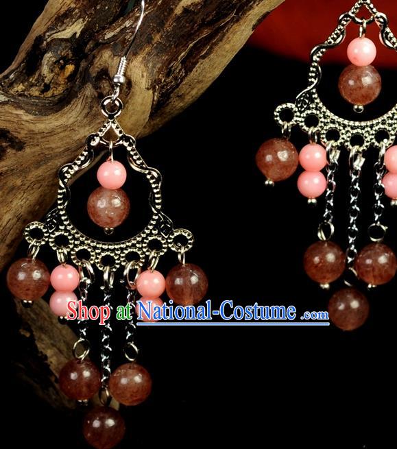 Chinese Traditional Jewelry Accessories Ancient Hanfu Pink Beads Earrings for Women