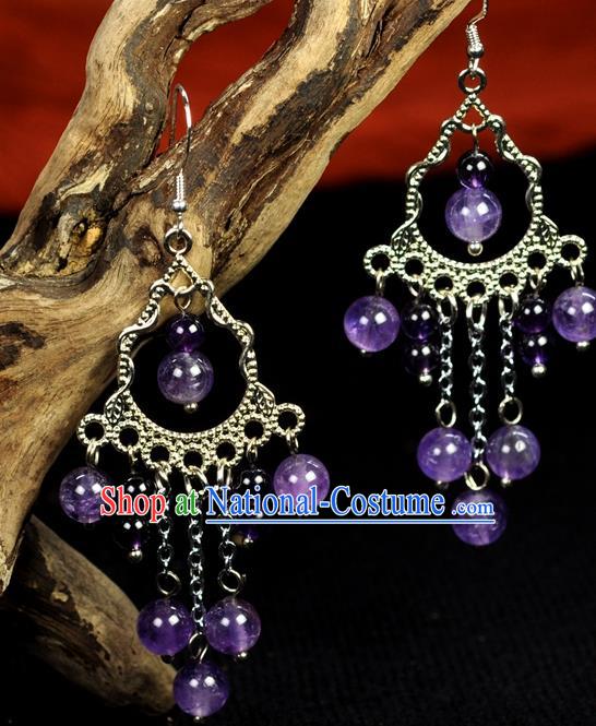 Chinese Traditional Jewelry Accessories Ancient Hanfu Purple Beads Earrings for Women