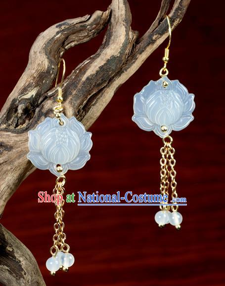 Chinese Traditional Jewelry Accessories Ancient Hanfu Jade Carving Lotus Earrings for Women