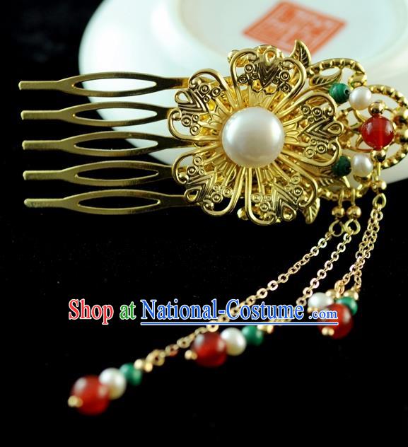 Chinese Traditional Hanfu Pearls Tassel Golden Hair Comb Hair Accessories Ancient Classical Hairpins for Women