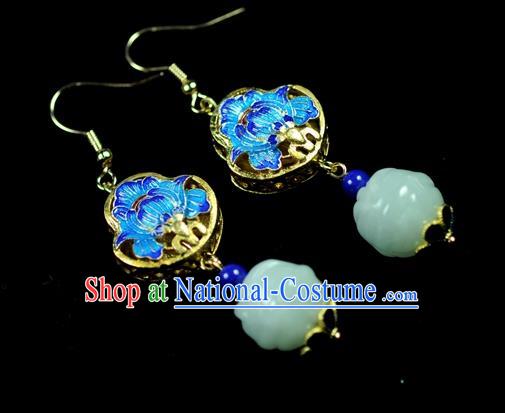 Chinese Traditional Jewelry Accessories Ancient Hanfu Blueing Lotus Jade Earrings for Women