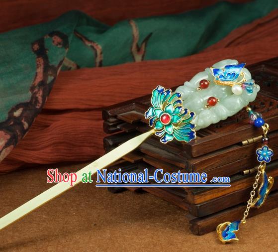 Chinese Traditional Hanfu Blueing Lotus Hair Clip Hair Accessories Ancient Classical Jade Tassel Hairpins for Women