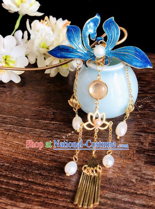 Chinese Classical Hair Accessories Traditional Ancient Hanfu Blueing Lotus Hairpins for Women