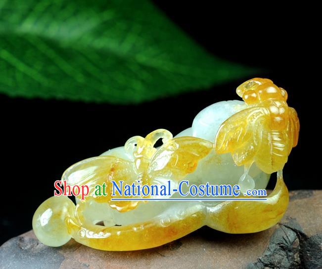 Chinese Traditional Jewelry Accessories Jade Sculpture Craft Handmade Yellow Jadeite Butterfly Pendant