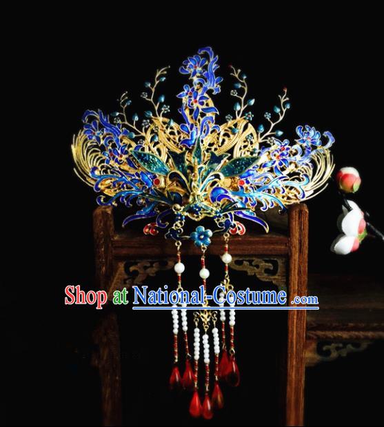 Chinese Classical Hairpins Wedding Hair Accessories Traditional Ancient Hanfu Blueing Phoenix Coronet for Women