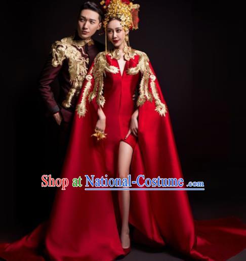 Chinese Classical Catwalks Costumes Traditional Wedding Red Trailing Full Dress for Women