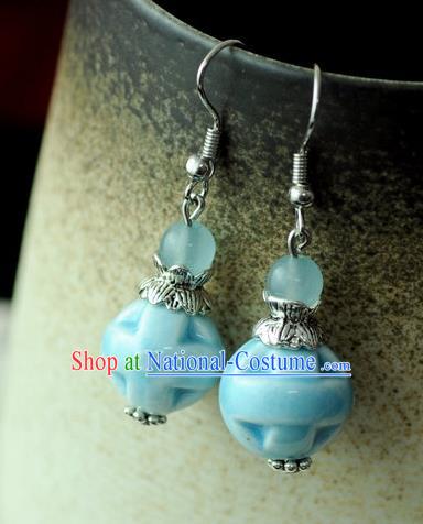 Chinese Traditional Jewelry Accessories Ancient Hanfu Blue Ceramics Earrings for Women