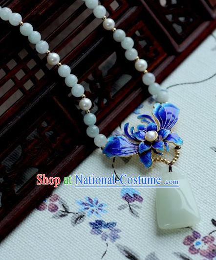 Chinese Traditional Jewelry Accessories Ancient Hanfu Blueing Orchid Jade Necklace for Women