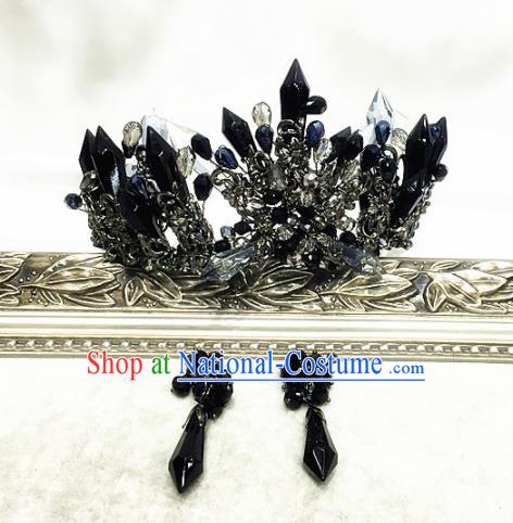 Handmade Bride Crystal Hair Accessories Wedding Baroque Black Royal Crown for Women