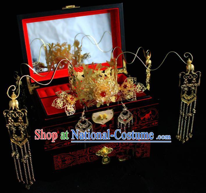 Chinese Classical Golden Hairpins Wedding Phoenix Coronet Hair Accessories Traditional Ancient Hair Clip for Women