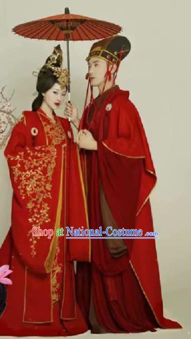 Chinese Traditional Wedding Dresses Ancient Bride and Bridegroom Embroidered Costumes Complete Set