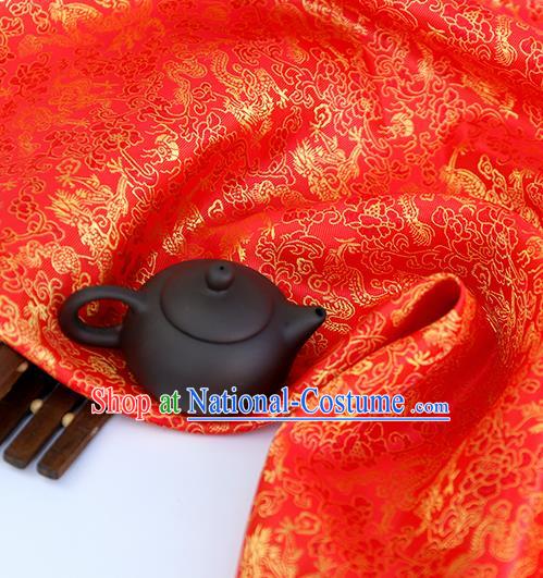 Asian Chinese Traditional Fabric Material Red Brocade Classical Dragons Pattern Design Satin Drapery