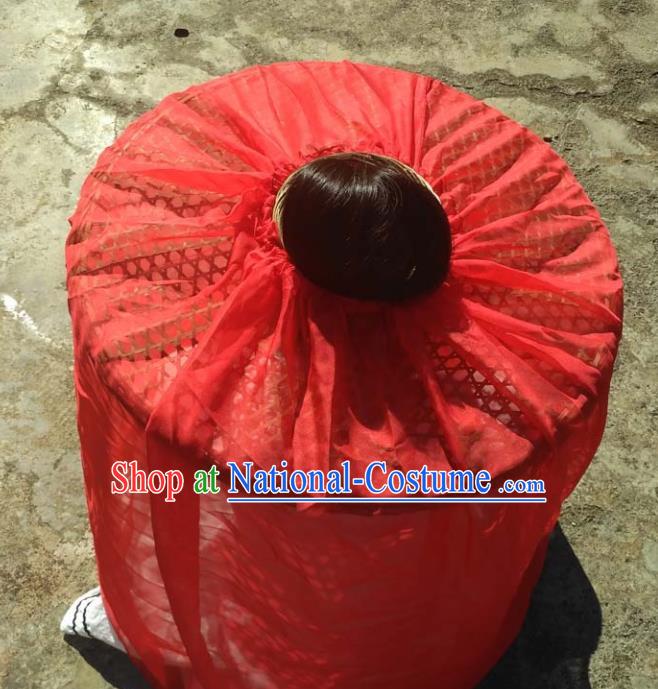 Chinese Traditional Handmade Craft Straw Hat Red Veil Bamboo Hat