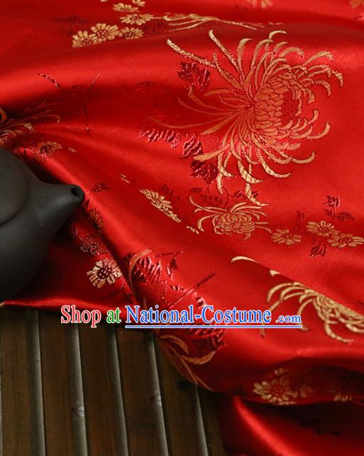 Red Brocade Chinese Traditional Silk Fabric Material Classical Chrysanthemum Pattern Design Satin Drapery