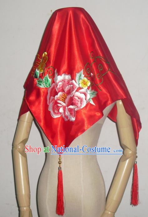 Chinese Traditional Wedding Headdress Ancient Bride Embroidered Peony Red Curtain for Women