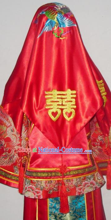 Chinese Traditional Wedding Headdress Ancient Bride Embroidered Peony Red Veil Curtain for Women