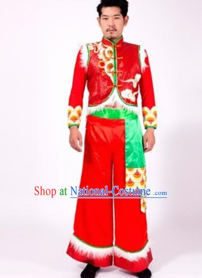 Chinese Traditional Folk Dance Yangko Red Costumes Fan Dance Clothing for Men