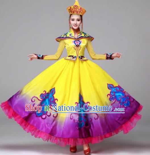 Chinese Traditional Ethnic Costumes Mongolian Minority Folk Dance Yellow Dress for Women