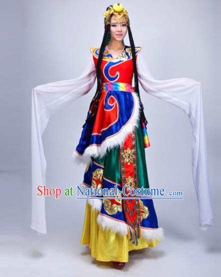 Chinese Traditional Zang Ethnic Costumes Tibetan Minority Folk Dance Dress for Women