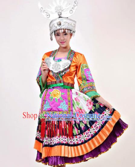 Chinese Traditional Miao Ethnic Costumes Hmong Minority Folk Dance Orange Dress for Women