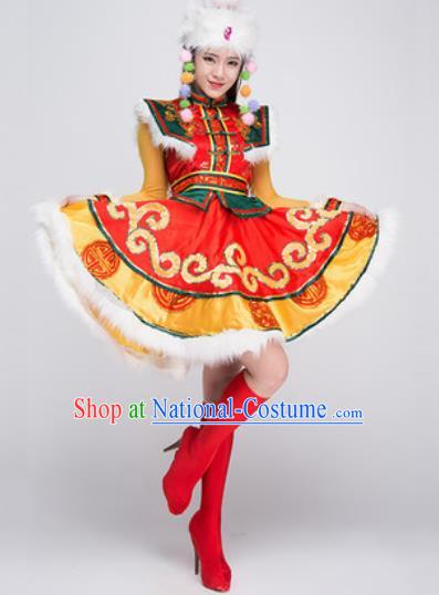 Chinese Traditional Mongol Ethnic Costumes Mongolian Minority Folk Dance Red Dress for Women