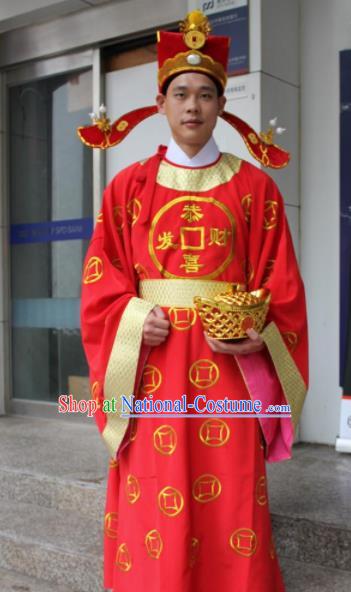 Chinese Traditional God of Wealth Costume Ancient God of Fortune Embroidered Red Robe for Men