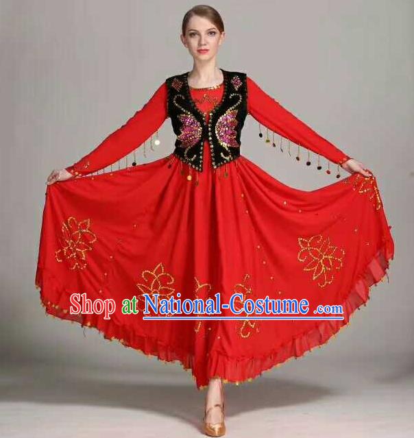 Chinese Traditional Uigurian Ethnic Costumes Uyghur Minority Folk Dance Red Dress for Women