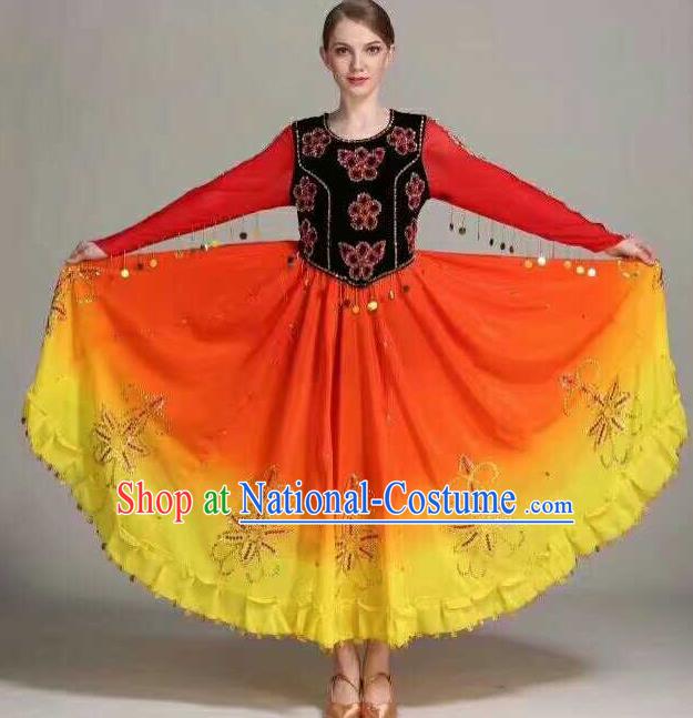 Chinese Traditional Uigurian Ethnic Costumes Uyghur Minority Folk Dance Orange Dress for Women