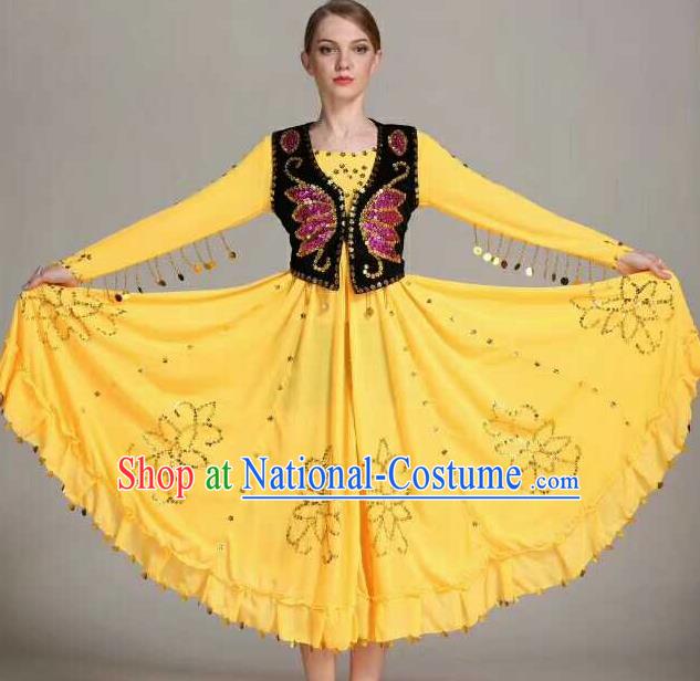 Chinese Traditional Uigurian Ethnic Costumes Uyghur Minority Folk Dance Yellow Dress for Women