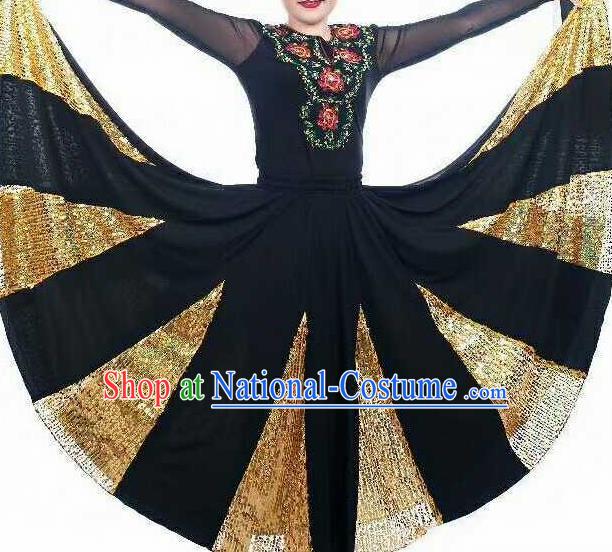 Chinese Traditional Xinjiang Uigurian Ethnic Costumes Uyghur Minority Folk Dance Black Dress for Women