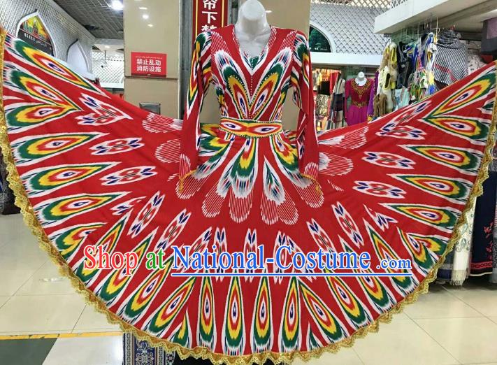 Chinese Traditional Xinjiang Uigurian Ethnic Red Costumes Uyghur Minority Folk Dance Dress for Women