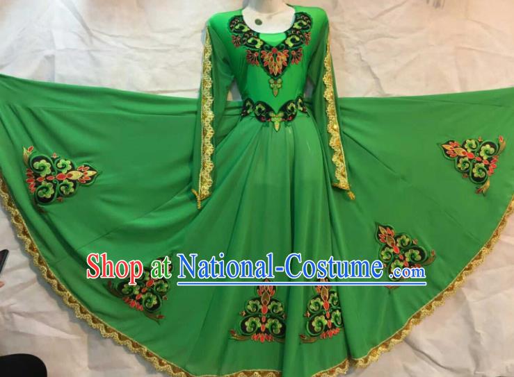 Chinese Traditional Xinjiang Uigurian Ethnic Green Costumes Uyghur Minority Folk Dance Dress for Women