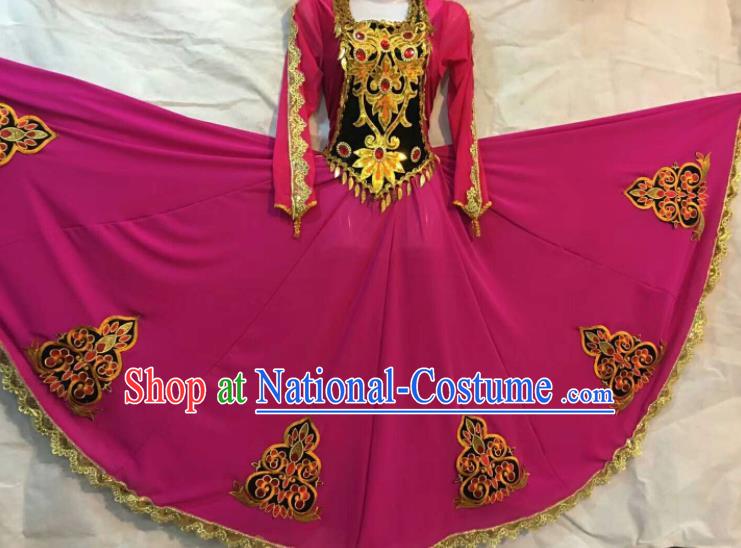 Chinese Traditional Xinjiang Uigurian Ethnic Rosy Costumes Uyghur Minority Folk Dance Dress for Women