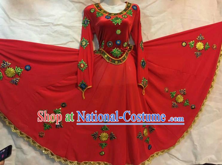 Chinese Traditional Xinjiang Uigurian Ethnic Red Costumes Uyghur Minority Folk Dance Dress for Women