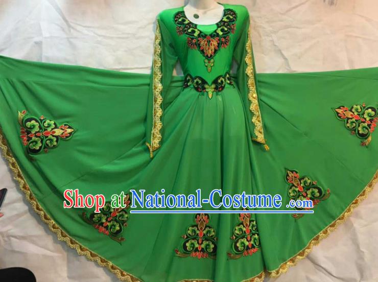 Chinese Traditional Uigurian Ethnic Costumes Xinjiang Uyghur Minority Folk Dance Green Dress for Women