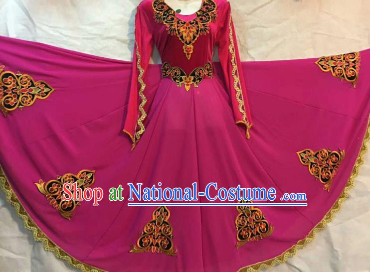 Chinese Traditional Uigurian Ethnic Costumes Xinjiang Uyghur Minority Folk Dance Rosy Dress for Women