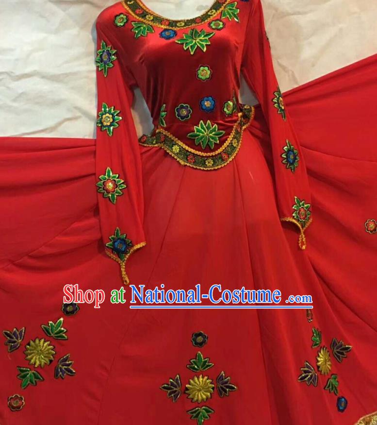 Chinese Traditional Uigurian Ethnic Costumes Xinjiang Uyghur Minority Folk Dance Red Dress for Women