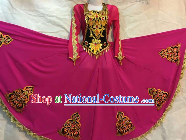 Chinese Traditional Uigurian Nationality Ethnic Costumes Xinjiang Uyghur Minority Folk Dance Rosy Dress for Women