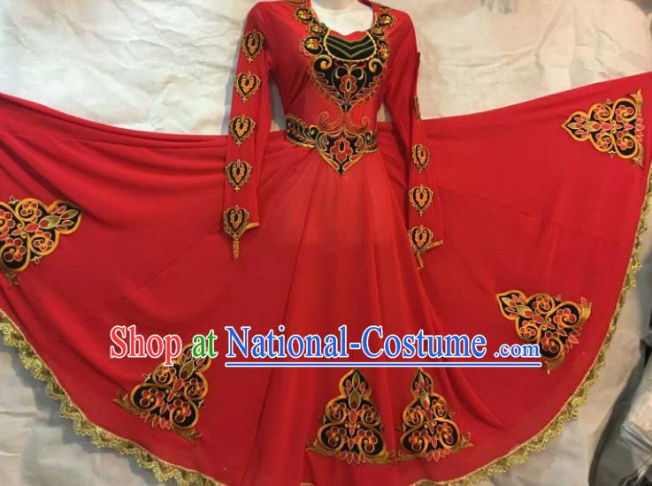 Chinese Traditional Uigurian Nationality Ethnic Costumes Xinjiang Uyghur Minority Folk Dance Red Dress for Women