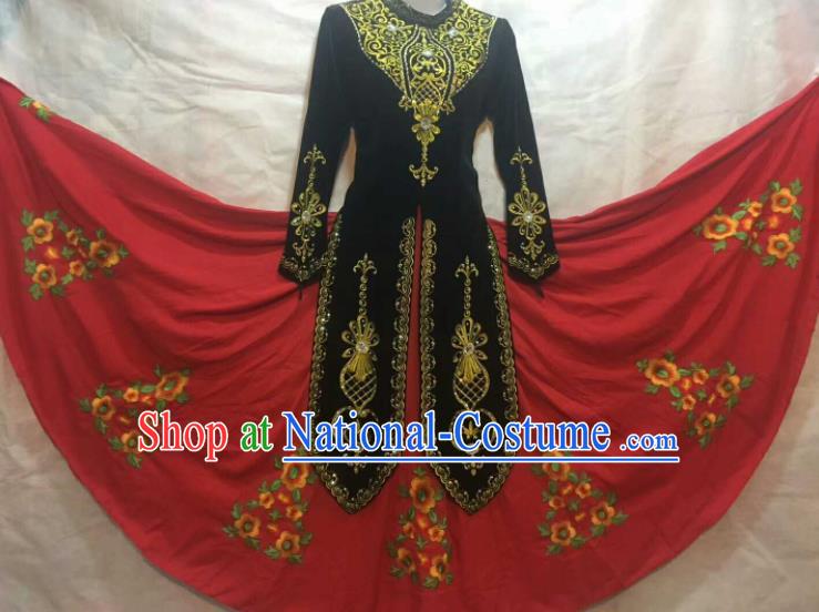 Chinese Traditional Uigurian Nationality Ethnic Costumes Xinjiang Uyghur Minority Folk Dance Black Dress for Women