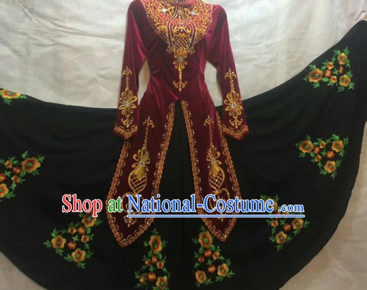 Chinese Traditional Uigurian Nationality Ethnic Costumes Xinjiang Uyghur Minority Folk Dance Wine Red Dress for Women