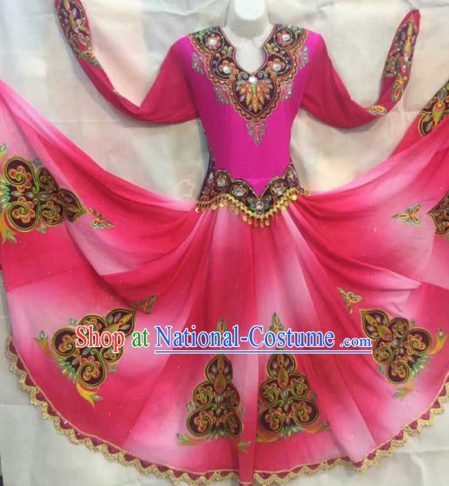 Chinese Traditional Uigurian Nationality Ethnic Costumes Xinjiang Uyghur Folk Dance Rosy Dress for Women