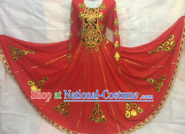 Chinese Traditional Uigurian Nationality Ethnic Costumes Xinjiang Uyghur Folk Dance Red Dress for Women