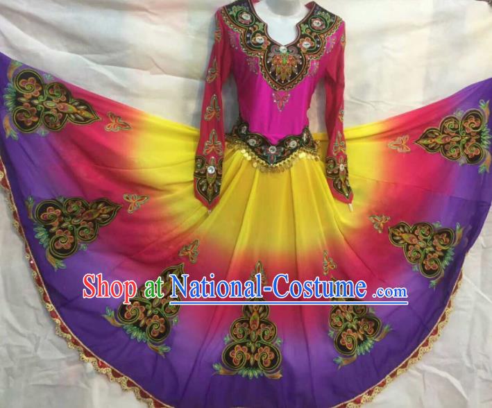 Chinese Traditional Uigurian Nationality Ethnic Costumes Xinjiang Uyghur Folk Dance Purple Dress for Women