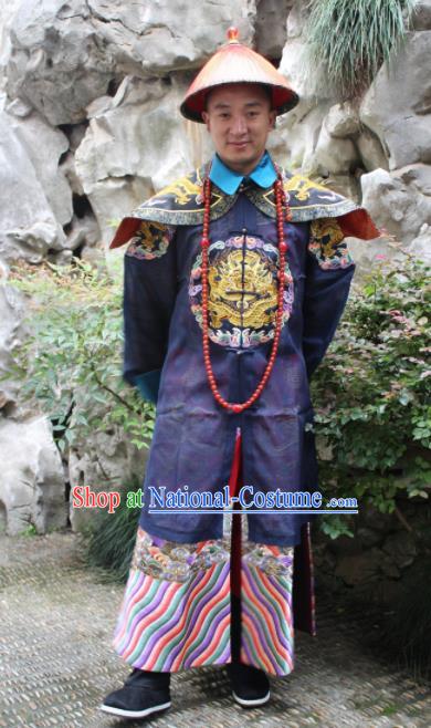 Chinese Traditional Ancient Qing Dynasty Manchu Royal Highness Embroidered Costumes and Hat for Men