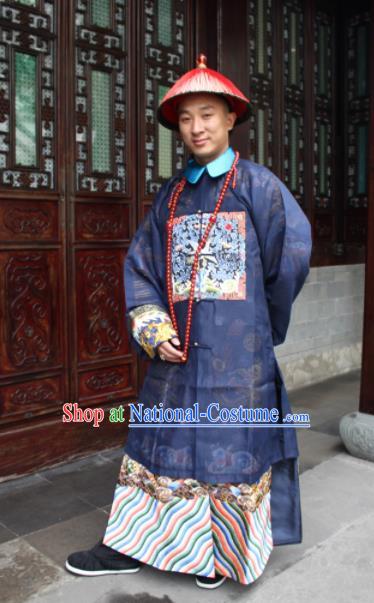 Chinese Traditional Ancient Qing Dynasty Manchu Civil Official Embroidered Costumes and Hat for Men