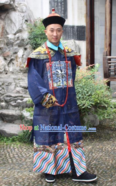 Chinese Traditional Ancient Qing Dynasty Manchu Grand Minister Embroidered Costumes and Hat for Men